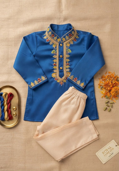 Royal Blue Embroidered Silk Kurta & Pyjama Set