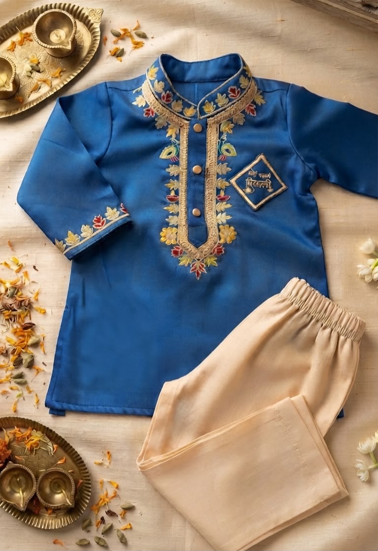 Royal Blue Embroidered Silk Kurta & Pyjama Set