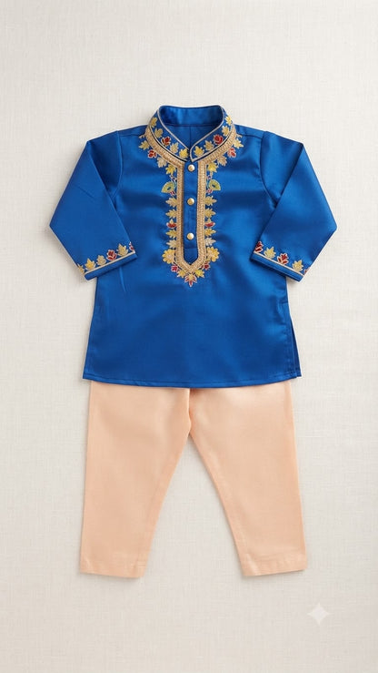 Royal Blue Embroidered Silk Kurta & Pyjama Set