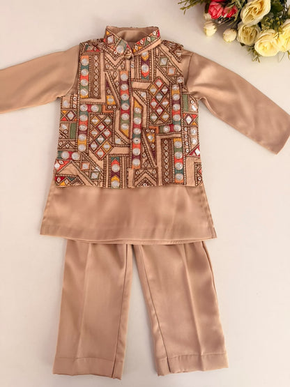 Beige Mirror Work Kurta Set