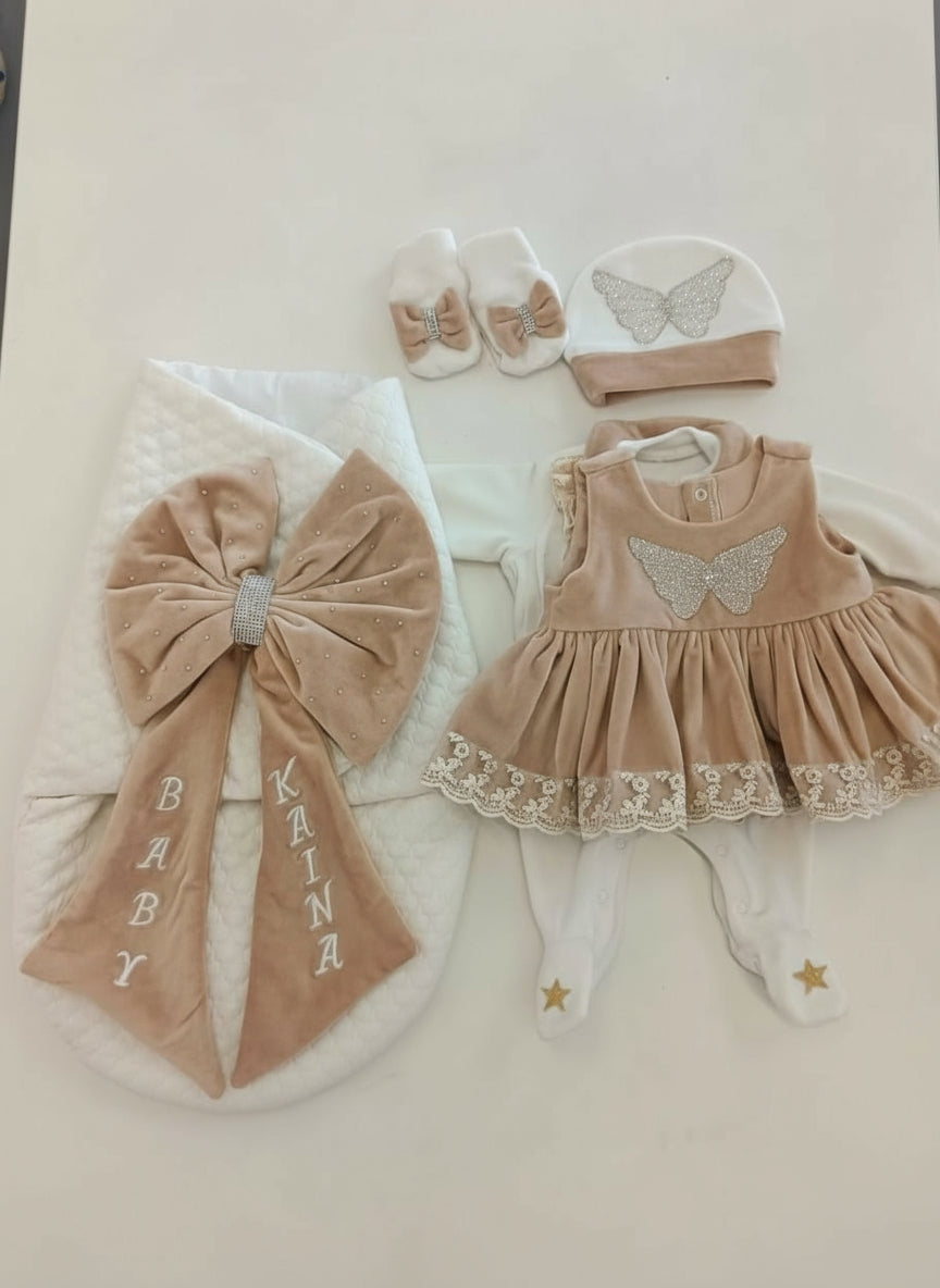 The "Kaina" Butterfly Deluxe Layette Set five-piece couture layette set,