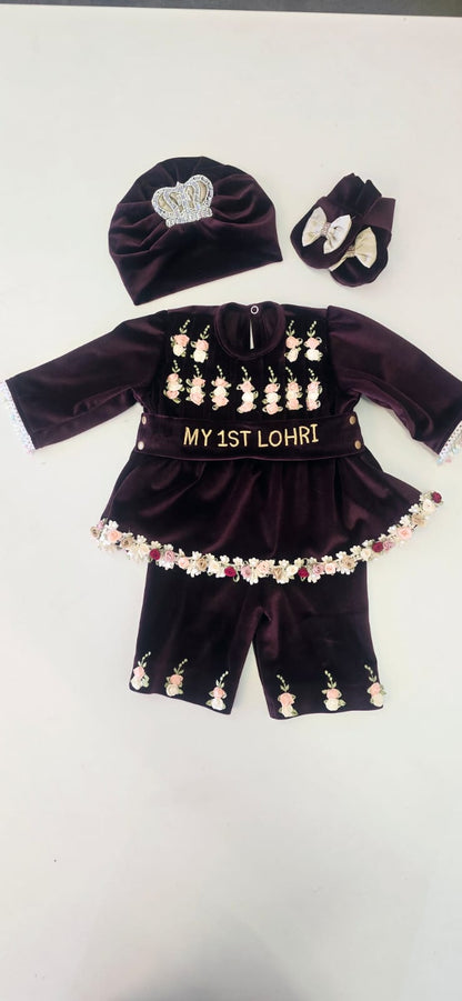 My 1st Lohri" Baby Girl’s Luxury Velvet Peplum Set – Deep Plum
