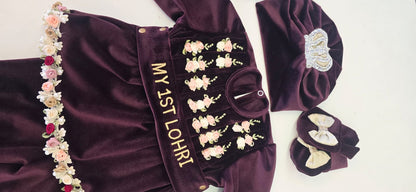 My 1st Lohri" Baby Girl’s Luxury Velvet Peplum Set – Deep Plum