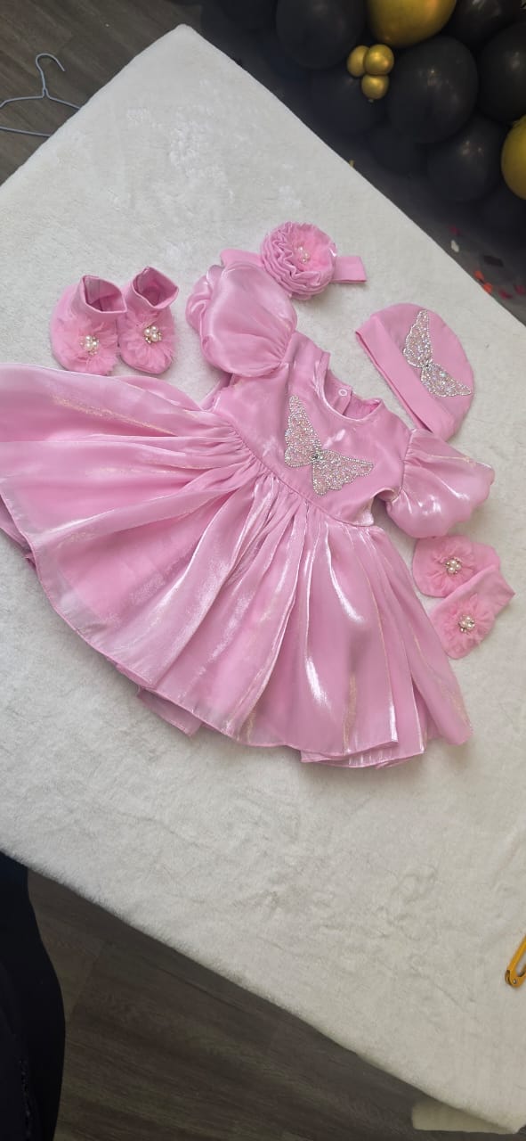 Pink Butterfly Satin Gown Set