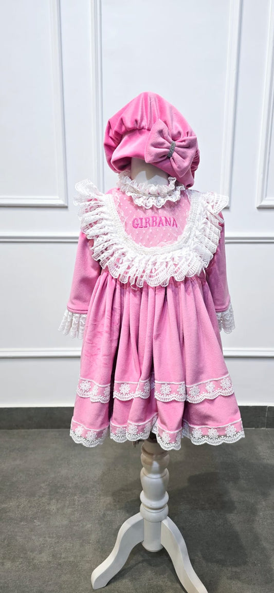The Girbana Pink Velvet Heirloom Dress & Matching Bonnet