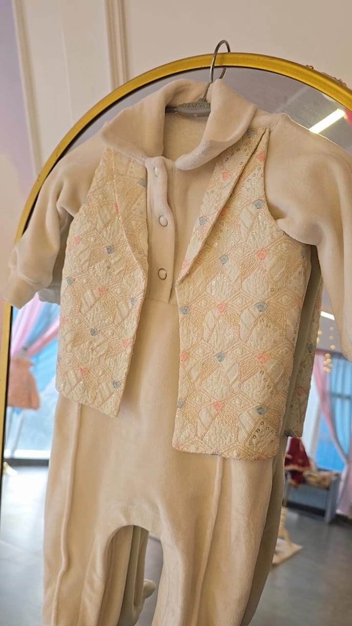 Elegant Three-Piece Cream Velour Baby Set