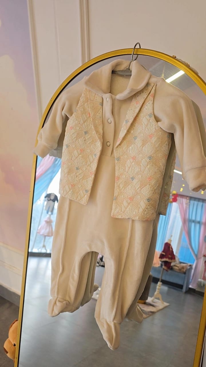 Elegant Three-Piece Cream Velour Baby Set