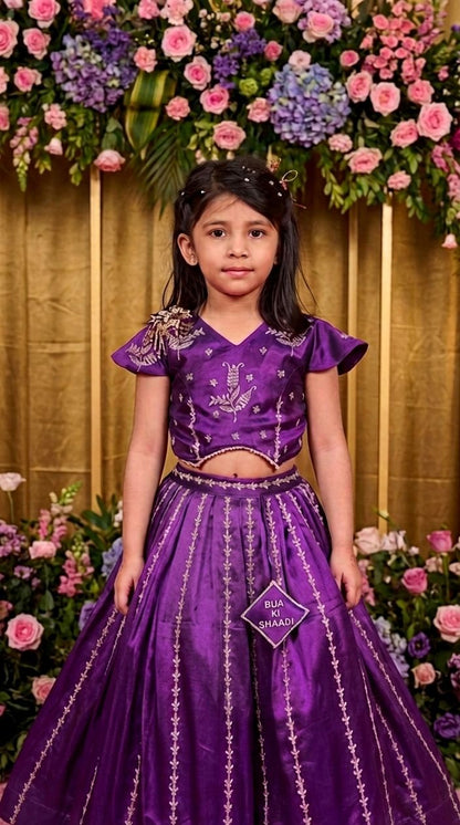 Deep Purple Silk Lehenga Set with Zari Embroidery and Scalloped Dupatta