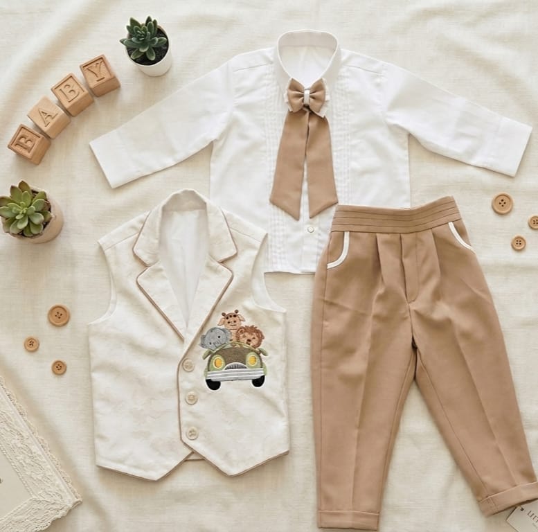 Boys 3-Piece Birthday Suit - Embroidered Safari Animals Waistcoat & Trousers