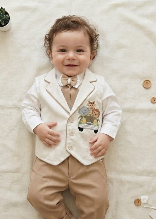 Boys 3-Piece Birthday Suit - Embroidered Safari Animals Waistcoat & Trousers