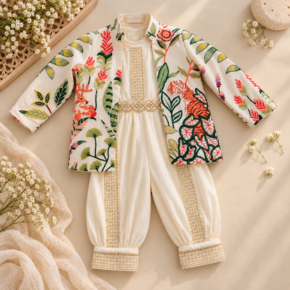 A baby romper set styled in a flat lay, featuring a cream-colored jumpsuit with gold embroidered trim and a matching open-front jacket with colorful floral and leaf patterns in red, green, and orange, surrounded by decorative baby accessories.