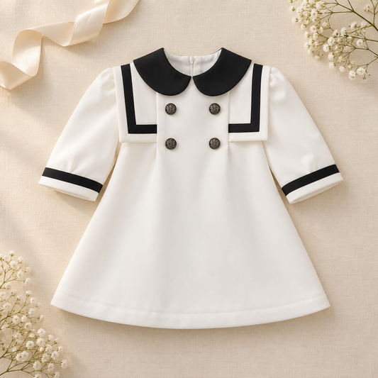 A white long-sleeve dress for toddlers or girls, featuring a contrasting black Peter Pan collar, black piping details on the shoulders and cuffs, and four dark buttons on the front. The dress is displayed in a flat-lay arrangement on a beige fabric background decorated with a cream ribbon and small white flowers.