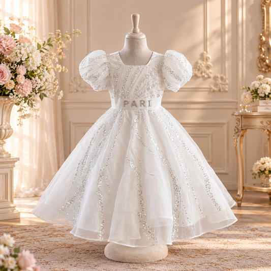 A white toddler girl's party dress displayed on a mannequin in an elegant, vintage-style room. The dress features puffy short sleeves, a square neckline, a beaded bodice with 'PARI' embroidered on the front, and a voluminous tulle skirt decorated with sparkling sequins.