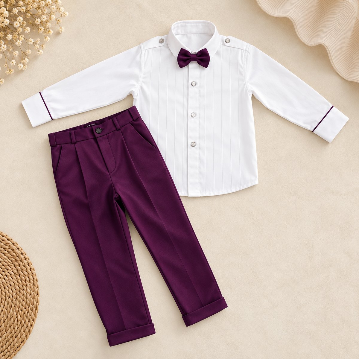 A children's formal outfit laid flat on a light beige surface, featuring a white long-sleeve button-front shirt with dark trim, matching white trousers, a dark purple bow tie, and dark purple pants. Decorative dried flowers, a woven mat, and a hat edge are placed around the outfit.