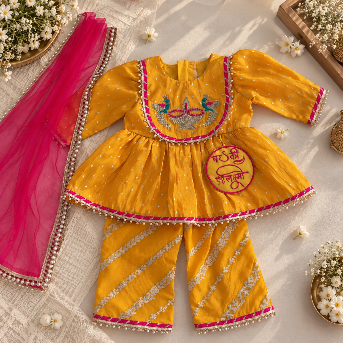 A yellow traditional Indian outfit set for a baby, featuring a long-sleeve peplum top with Diwali embroidery and a matching striped pant leg, styled with a bright pink dupatta on a neutral textured background with decorative flowers.