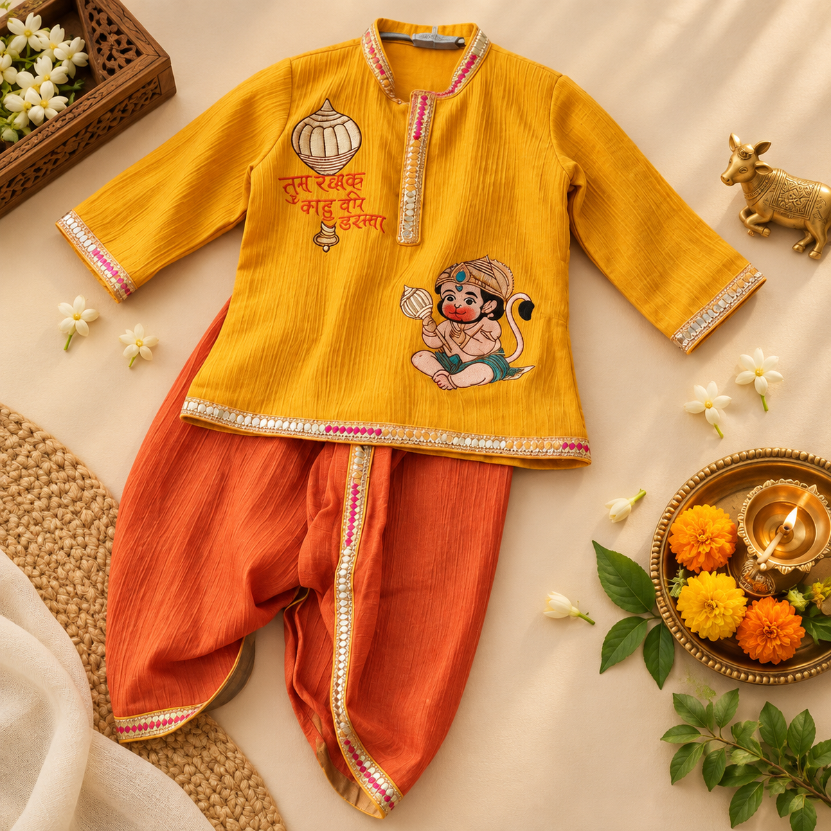 A traditional Indian children's two-piece outfit laid flat on a beige fabric background, featuring a mustard yellow long-sleeve kurta with embroidered text and a monkey illustration, paired with orange harem pants trimmed with pink and metallic borders. Decorative props include white flowers, a brass cow figurine, a diya, and a woven mat.