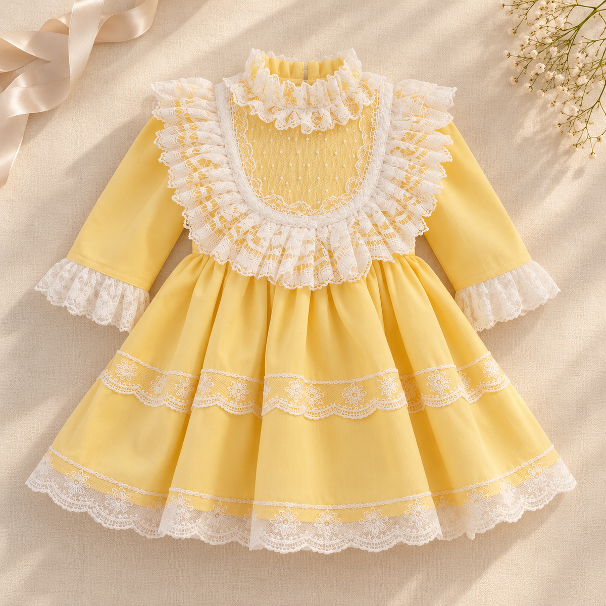 A yellow long-sleeve baby dress with white lace ruffles, a high mock neck, and a flared skirt, laid flat on a beige fabric background with decorative ribbon and flowers.