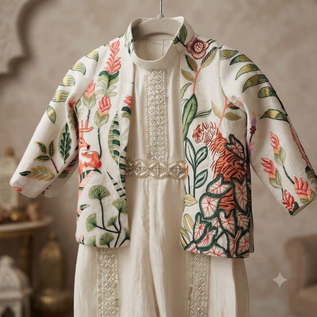 A cream-colored traditional outfit with intricate embroidery, featuring a short-sleeved jacket with a vibrant floral and botanical pattern in green, orange, and red, displayed on a hanger against a warm, softly blurred background.