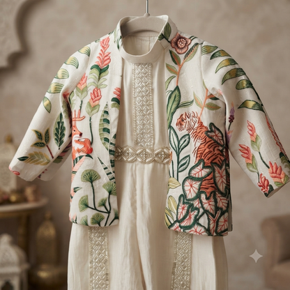 A cream-colored traditional outfit with intricate embroidery, featuring a short-sleeved jacket with a vibrant floral and botanical pattern in green, orange, and red, displayed on a hanger against a warm, softly blurred background.