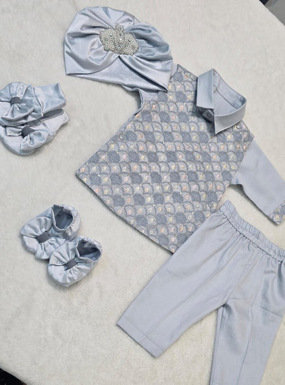 Silver Blue Brocade Baby Set
