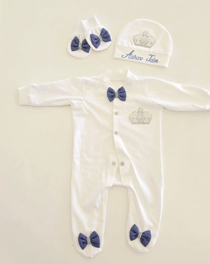 The Blue Bow & Pearl Crown Romper Set